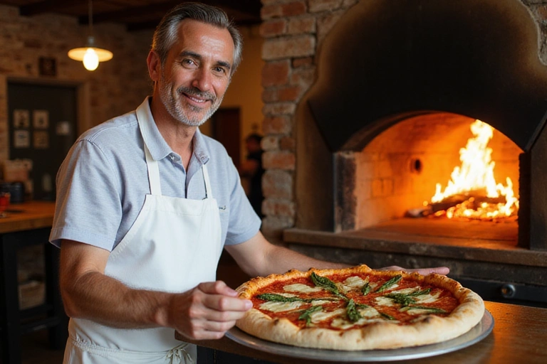 Luigi, un pizzaiolo sorridente, prepara una pizza tradizionale in un forno a legna