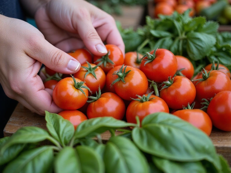 Mani che selezionano pomodori freschi e basilico in un mercato agricolo