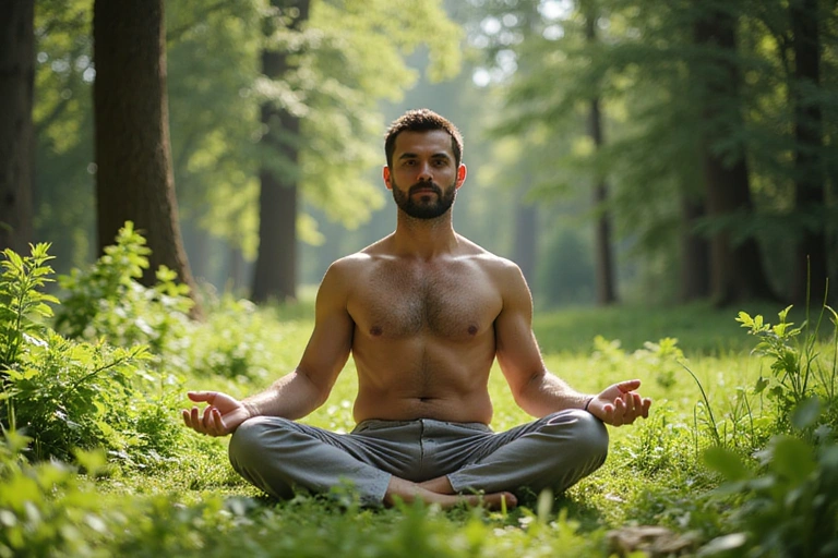 Uomo che pratica yoga in un ambiente naturale, simbolo di benessere