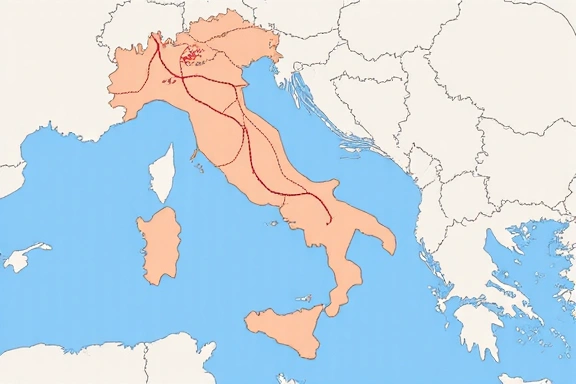 Mappa dell'Italia con percorsi di spedizione evidenziati