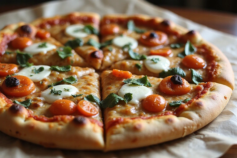 Dettagli di una pizza gourmet con ingredienti freschi